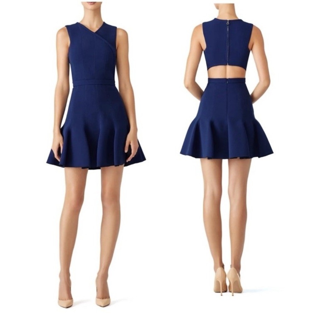 Carven Navy Blue V-Neck Pleated Crepe Dress FR Size 38 Womens Medium Flounce Hem